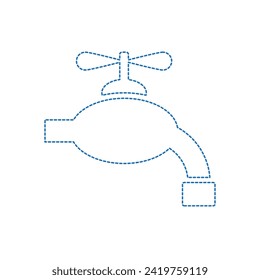 Vector drawing of a water faucet,  dotted line color blue flat style
