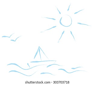 Vector drawing of watercolor abstract paper boat floating on the waves of the sun  isolated on white background