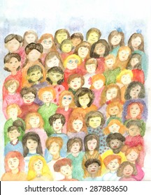 Vector drawing watercolor by hand. A crowd of children of different ages and nationalities in colorful clothes on the sky background.