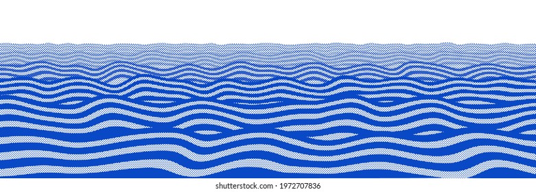 Vector drawing of waves on the sea. Vector halftone dots background, fading dot effect.