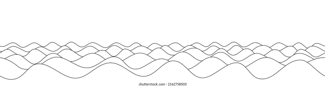 Vector drawing of waves on the sea, curved lines on a white background, seamless border