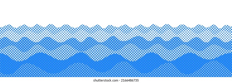 Vector drawing of waves on the sea, halftone dots background, fading dot effect