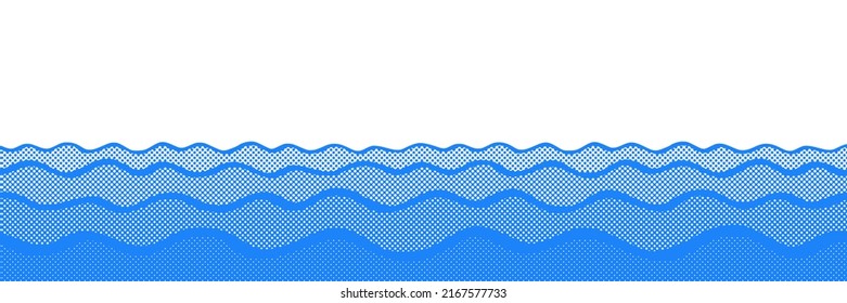 Vector drawing of waves on the sea, halftone dots background, fading dot effect