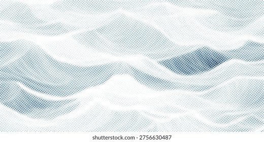 Vector drawing of waves on the sea. Vector halftone dots background, fading dot effect.