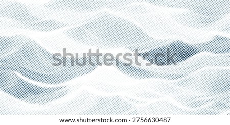 Vector drawing of waves on the sea. Vector halftone dots background, fading dot effect.