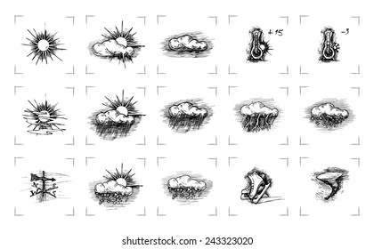 Vector drawing of weather icons stylized as engraving. 