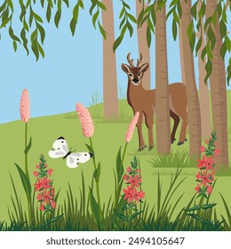 vector drawing western roe deer, trees, red flowers and green grass, hand drawn animal in forest , cartoon style illustration