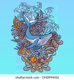 Vector drawing whale print design with slogan. Vector illustration design for clothing, textile graphics, prints.
