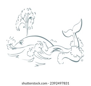 Vector drawing. Whale swims in the sea