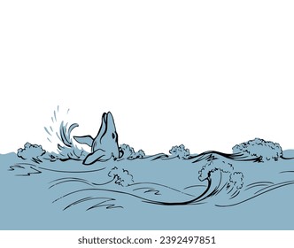 Vector drawing. Whale swims in the sea