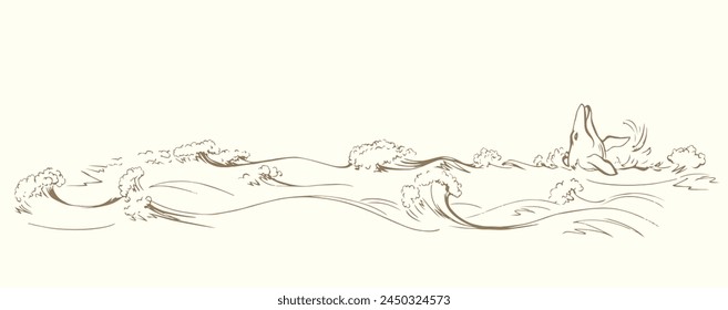 Vector drawing. Whale swims in the sea