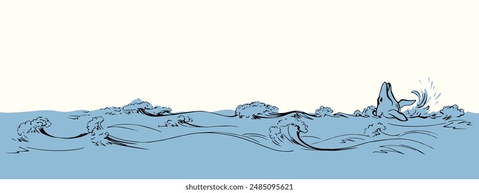 Vector drawing. Whale swims in the sea