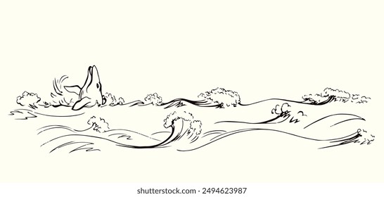 Vector drawing. Whale swims in the sea