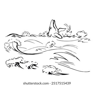 Vector drawing. Whale swims in the sea