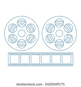 Vector drawing of a wheel from a projector and a film strip, dotted line color blue  flat style