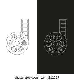 Vector drawing of a wheel from a projector and a film strip, dotted line color black and white flat style
