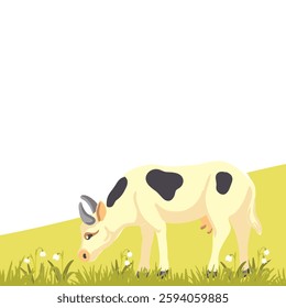 vector drawing white cow, green hill and spring flowers, hand drawn illustration