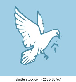 Vector drawing of the white dove of peace on blue background