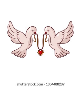 Vector drawing of white doves holding a heart. Sticker. Clip art.
Happy Valentine's Day.