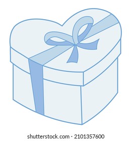 Vector drawing of white heart-shaped gift box with blue ribbon and a bow. Romantic cartoon illustration for Valentine's Day, engagement, wedding.