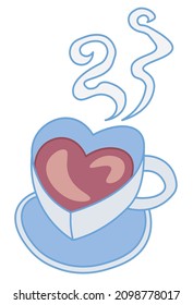 Vector drawing of a white heart-shaped mug of hot drink with jets of steam over. Romantic cartoon illustration for Valentine's Day.