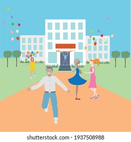 En el dibujo vectorial, un colegio blanco con ventanas azules, en el patio, los adolescentes son felices - tres niñas y dos niños. Globos coloridos vuelan