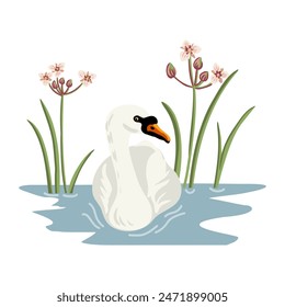 Vektorgrafik, die einen weißen Schwan zeichnet, der im Wasser schwimmt, Flusspflanzen und Blumen, natürliche Wildtierzusammensetzung, handgezeichnete Illustration