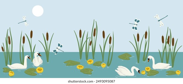 Vector dibujando cisnes blancos nadando en agua, plantas fluviales, libélulas y flores, composición natural de la fauna, ilustración dibujada a mano