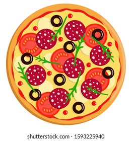 Vector drawing of a whole round pizza with tomatoes, pepperoni sausage, olives cheese and arugula. Isolated on white.