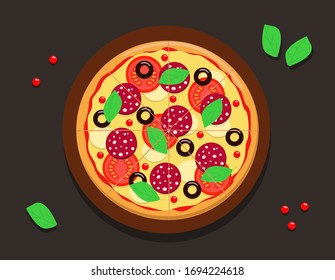 Vector drawing of a whole round pizza with tomatoes, pepperoni sausage, olives cheese and basil. Black background.