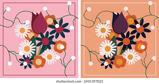 Vector drawing of wild spring flowers. Cover card poster banner template. Flower arrangement on a colored background. Vector file design elements.