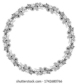 Vector drawing. Wildflowers and herbs - round frame. Silhouettes of plants. Use printed materials, signs, objects, sites, maps.