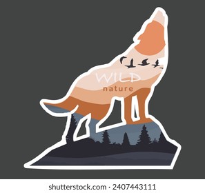 Vector drawing wildlife, bear, wolf, sun, birds, mountains, forest. Drawing with white outline, sticker. Design element on the theme of traveling through wild nature, adventure.