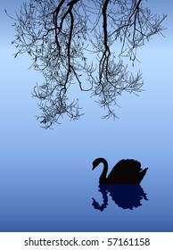 Vector drawing. Willow branches hanging in the mist over the lake, where swans swim