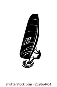 Vector drawing of windsurfing on the waves. Emblems windsurfing. Symbols, logo and icon.