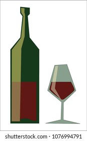 Vector drawing of wine bottle and wine glass with red wine isolated on white background