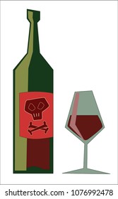 Vector drawing of wineglass with red wine and winebottle with poison lable isolated on white background