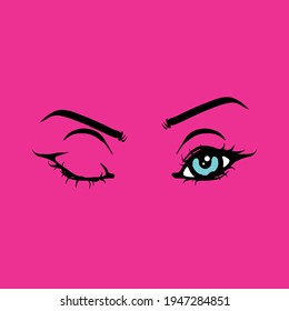 Vector drawing of wink eyes on pink background. Beautiful eyes blinking illustration