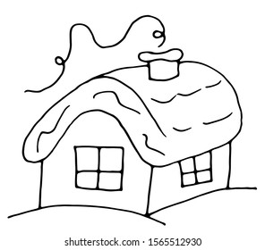 Vector drawing of a winter house. Coloring for children hand-drawn.