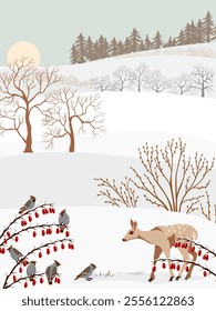 vector drawing winter landscapes with bohemian waxwing birds, deer, red berries, snow, sun and trees, hand drawn illustration