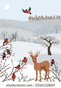 vector drawing winter landscapes with bullfinch birds, deer, snow, sun and trees, hand drawn illustration