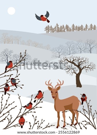 vector drawing winter landscapes with bullfinch birds, deer, snow, sun and trees, hand drawn illustration