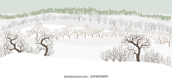 vector drawing winter landscapes with forest, snow, sun and bare trees, hand drawn illustration