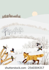 vector drawing winter landscapes with great tit birds, red fox, snow, sun and trees, hand drawn illustration