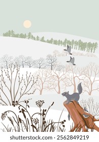 vector drawing winter landscapes with grey squirrel, wood nuthatchs, snow, sun and trees, hand drawn illustration