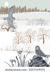 vector drawing winter landscapes with owls, snow, sun and trees, hand drawn illustration