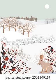 vector drawing winter landscapes with rabbit, bullfinch birds, wild apple tree , snow, sun and forest, hand drawn illustration