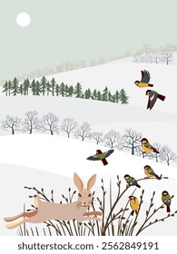 vector drawing winter landscapes with rabbit, tit birds, snow, sun and trees, hand drawn illustration