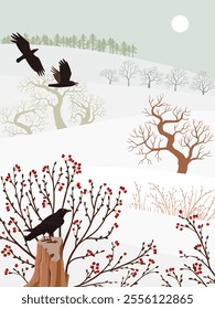 vector drawing winter landscapes with raven birds, wild apple, snow, sun and trees, hand drawn illustration