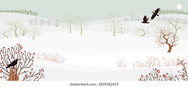 vector drawing winter landscapes with raven birds, wild apple, snow, sun and trees, hand drawn illustration